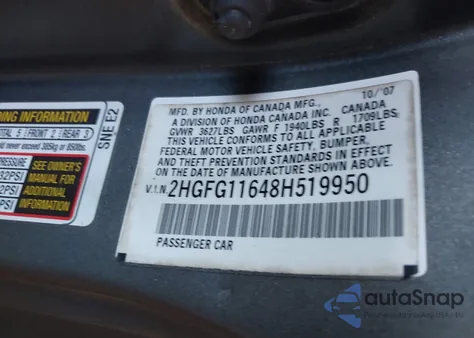 2008 Honda Civic Lx из США, поврежденный, VIN 2HGFG11648H519950